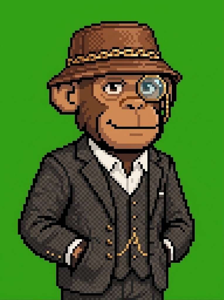 Hood Ape #009 — pixel art ape with Monocle and Three-Piece Suit