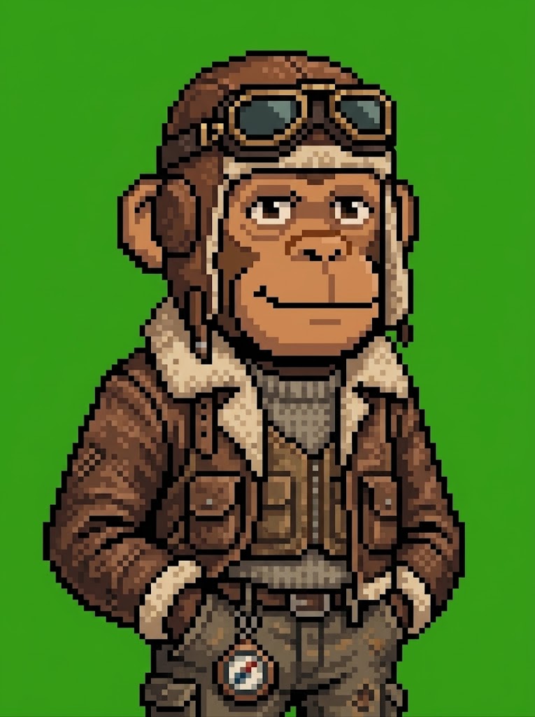 Hood Ape #010 — pixel art ape with Pilot Goggles and Shearling Bomber