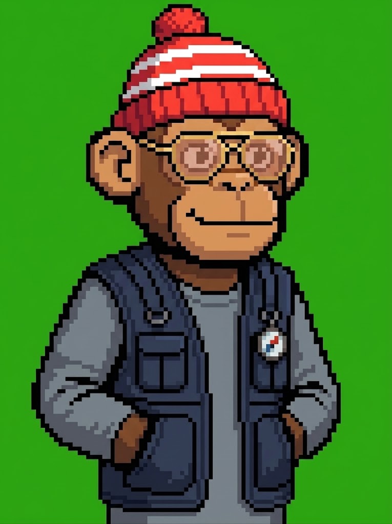 Hood Ape #007 — pixel art ape with Striped Beanie and Fishing Vest