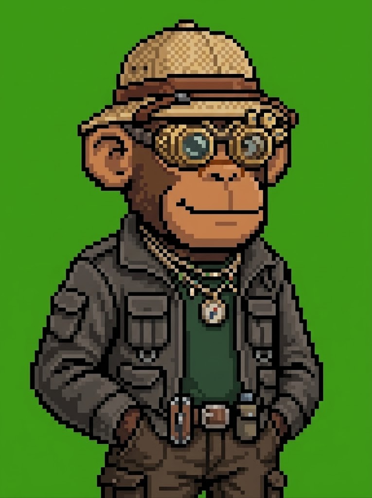 Hood Ape #012 — pixel art ape with Safari Hat and Gold Chains