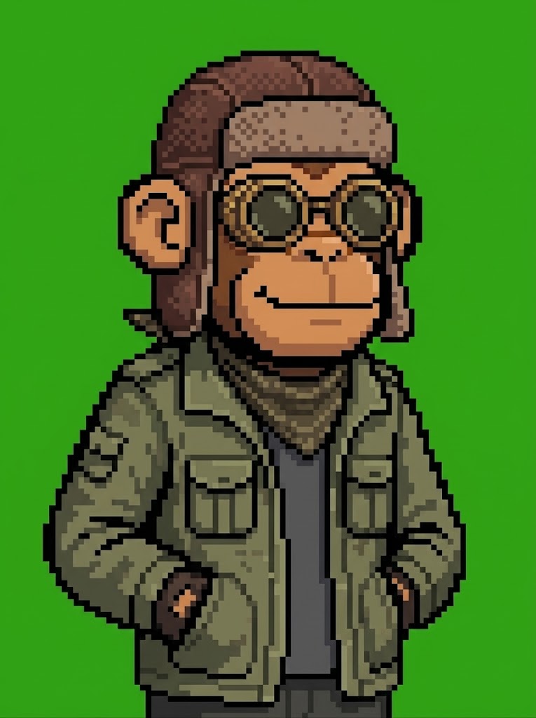 Hood Ape #008 — pixel art ape with Aviator Cap and Field Jacket