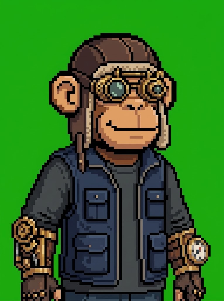 Hood Ape #014 — pixel art ape with Steampunk Goggles and Brass Gauntlets
